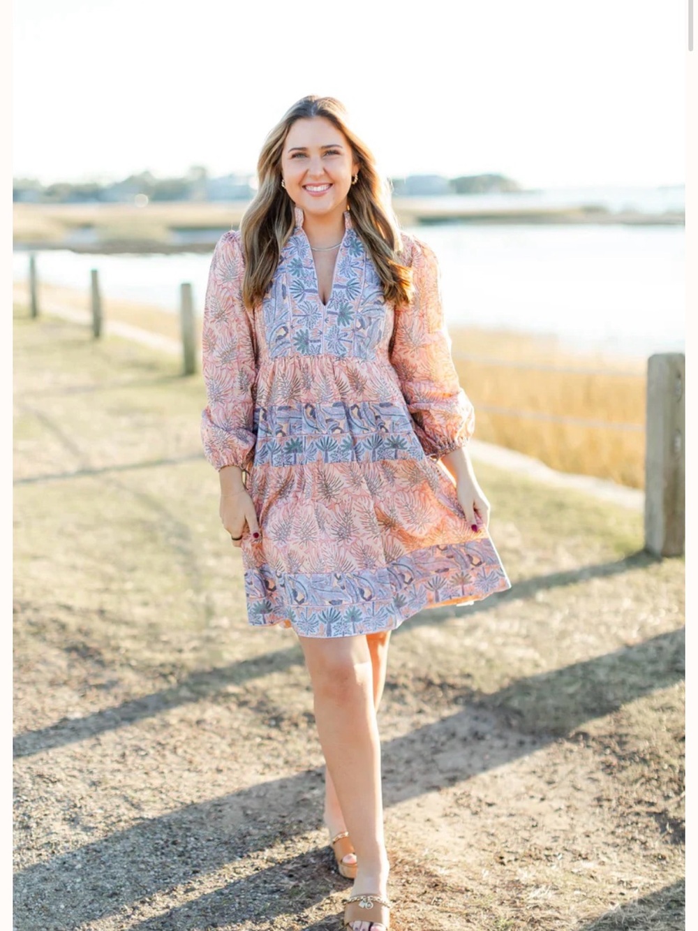 Victoria Dunn Peach & Light Blue Floral Tiered Mini Dress
